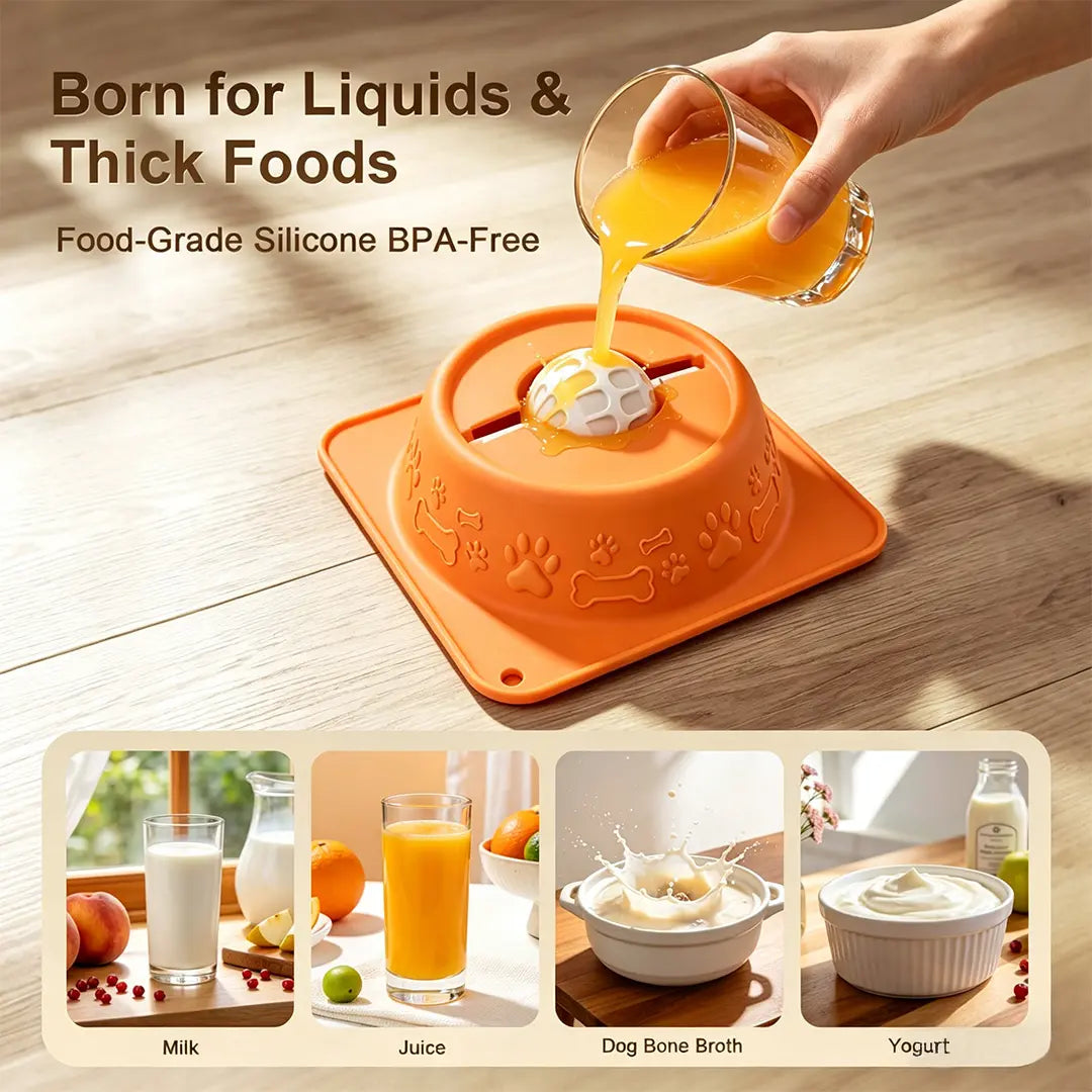 No-Spill Liquid Slow Feeder Bowl for Dogs and Cats, Lick Toy with Rolling Ball Design for Calming Anxiety Relief, Anti-Slip Silicone Bowl Suitable for Small to Large Pets