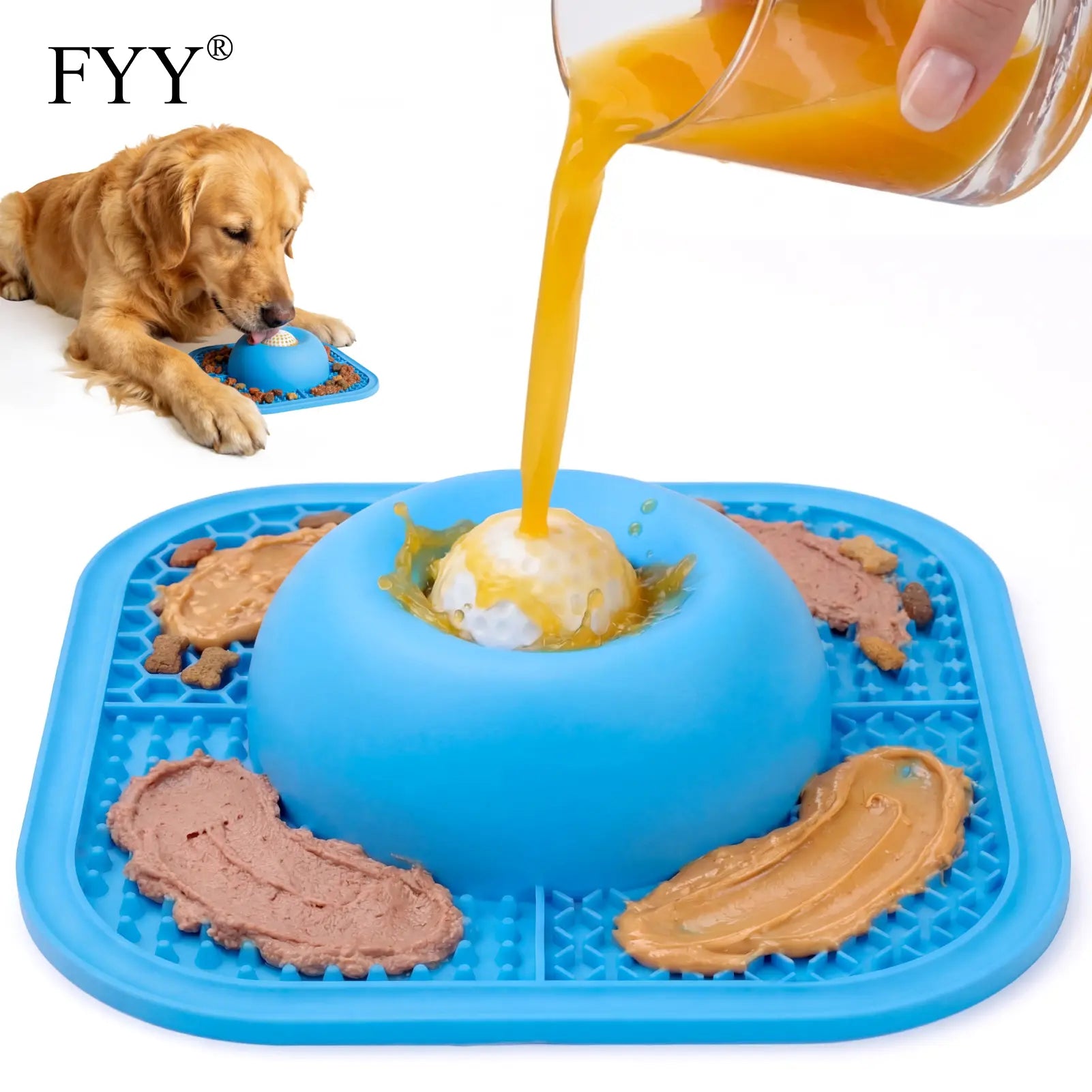 FYY Interactive Slow Feeder Dog Bowl and Lick Mat with Anti-Slip Design, Suitable for Liquid and Thick Treats, Includes Rolling Ball, 5/6 Cup Capacity for Large, Medium, and Small Dogs and Cats - Blue