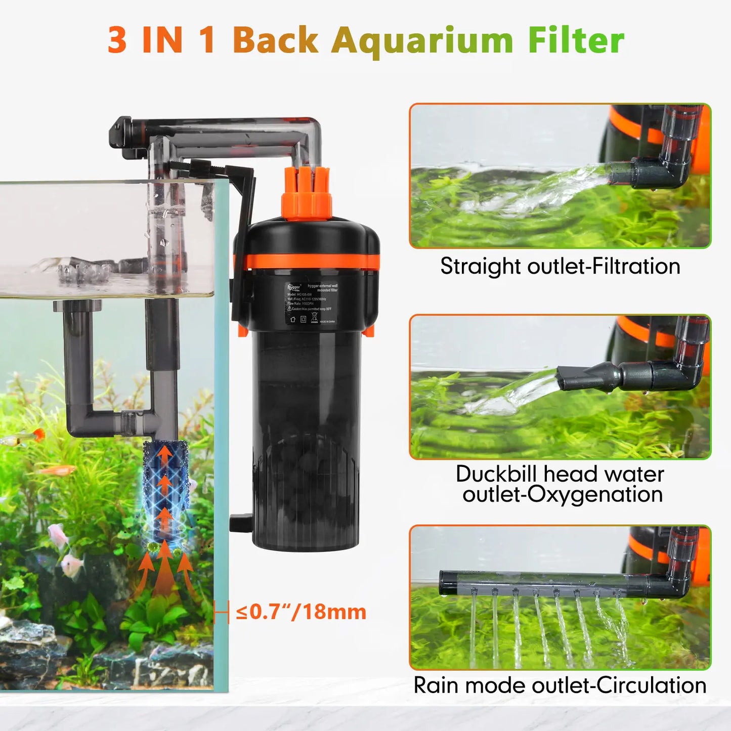 Hygger External Hang-On-Back Canister Aquarium Filter - Quiet Operation, 3-Stage Filtration, Anti-Dry Burn Motor, Adjustable Flow, Oil Skimmer, Duckbill Nozzle, and Shower Spray Bar