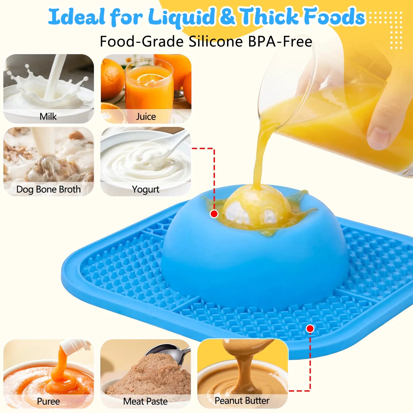 FYY Interactive Slow Feeder Dog Bowl and Lick Mat with Anti-Slip Design, Suitable for Liquid and Thick Treats, Includes Rolling Ball, 5/6 Cup Capacity for Large, Medium, and Small Dogs and Cats - Blue