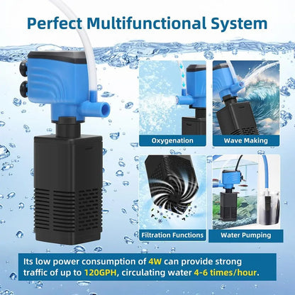 Submersible Internal Aquarium Filter for 5-15 Gallon Tanks, 120GPH Pump with Adjustable Air Flow for Freshwater and Saltwater Aquariums and Ponds