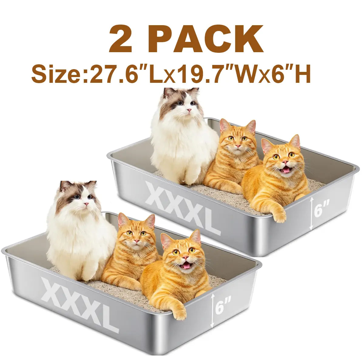 Zarler XXXL Large Stainless Steel Litter Box for Big Cats and Multi-Cat Households with Lids, Non-Stick, Odor-Free Design, Includes Filter Pedal and Durable Scoop