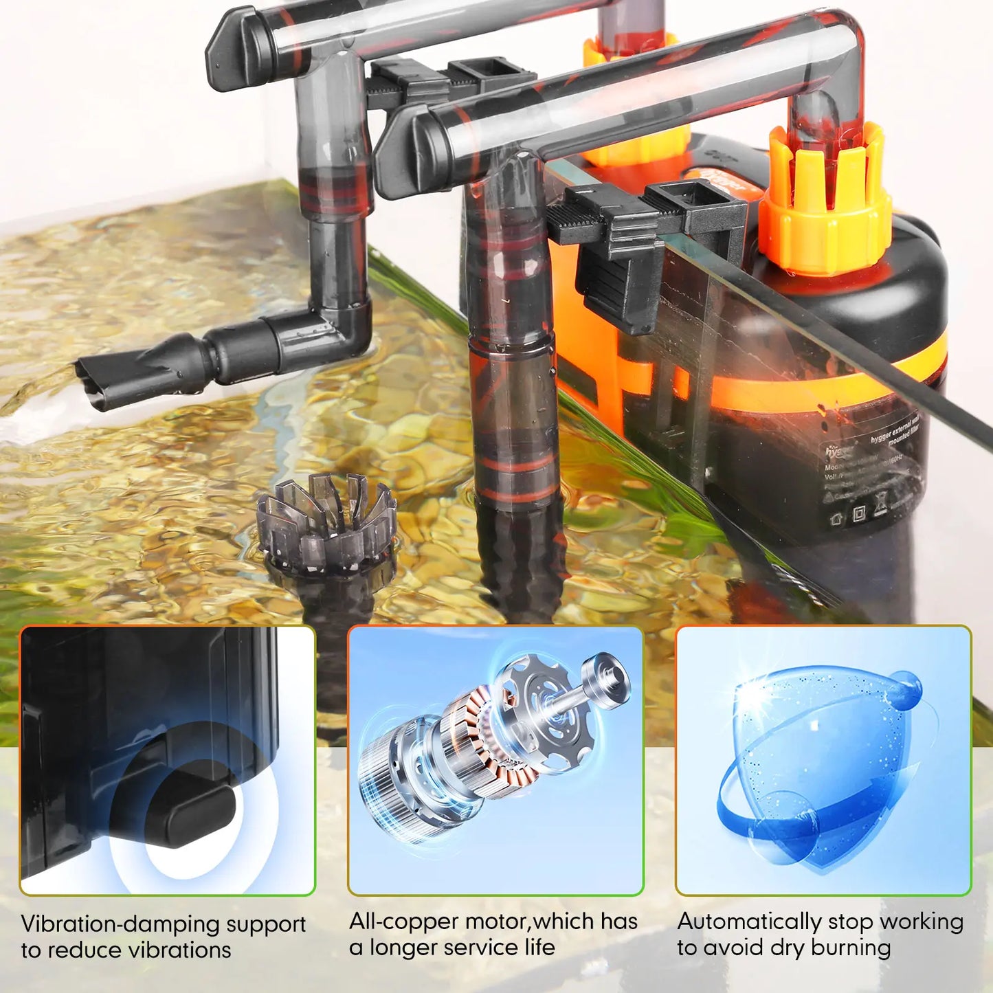 Hygger External Hang-On-Back Canister Aquarium Filter - Quiet Operation, 3-Stage Filtration, Anti-Dry Burn Motor, Adjustable Flow, Oil Skimmer, Duckbill Nozzle, and Shower Spray Bar