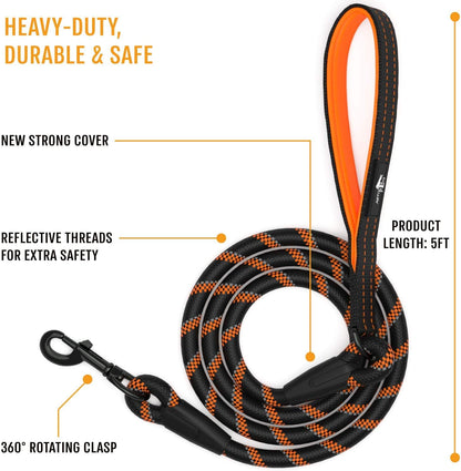 Durable Dog Rope Leash with Ergonomic Padded Handle and Reflective Threads, Suitable for Small, Medium, and Large Dogs - Ideal for Training, Running, and Walking