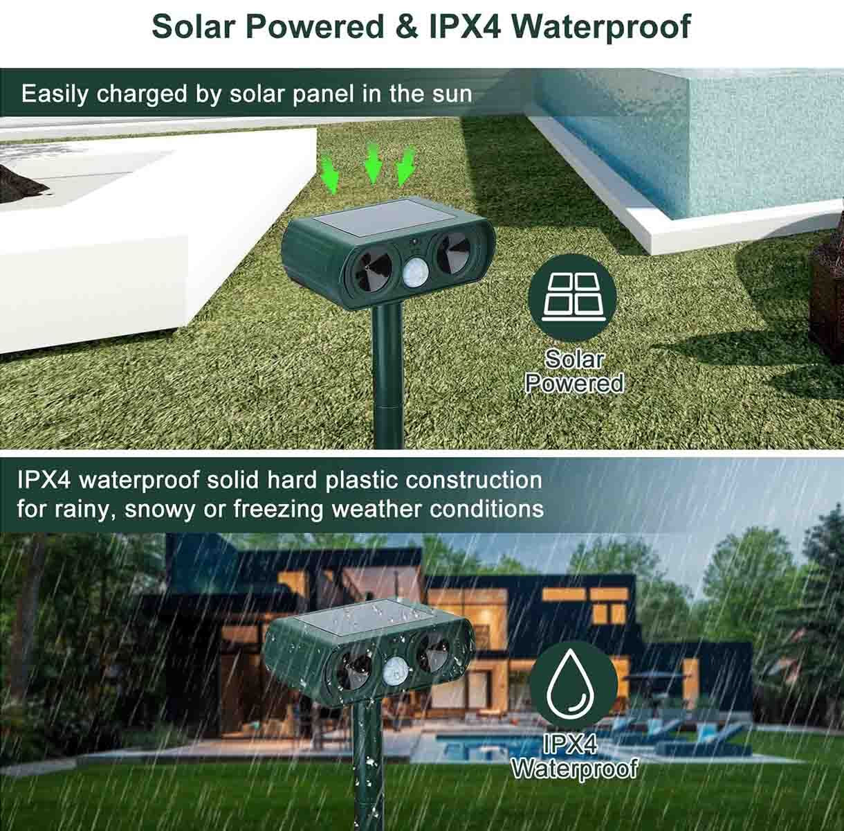Solar-Powered Ultrasonic Animal Repeller for Dogs and Cats, Waterproof Design