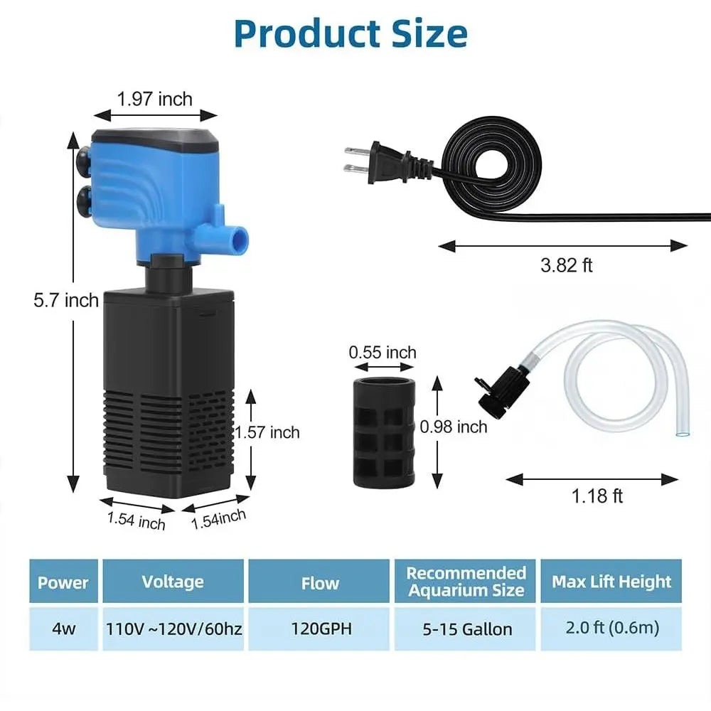 Submersible Internal Aquarium Filter for 5-15 Gallon Tanks, 120GPH Pump with Adjustable Air Flow for Freshwater and Saltwater Aquariums and Ponds