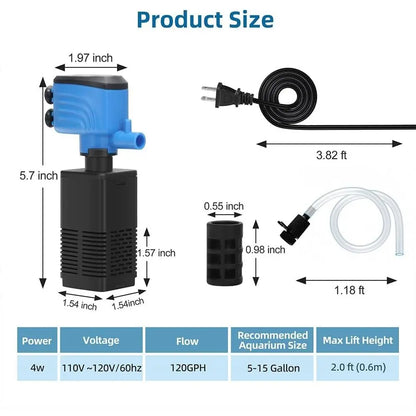 Submersible Internal Aquarium Filter for 5-15 Gallon Tanks, 120GPH Pump with Adjustable Air Flow for Freshwater and Saltwater Aquariums and Ponds