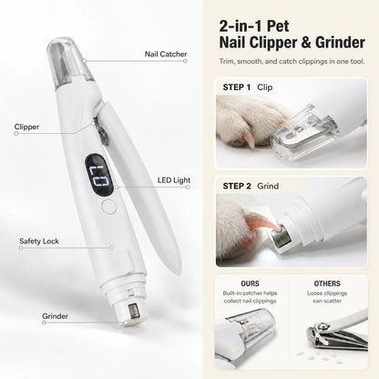 Professional Pet Nail Clipper with Catcher and Grinder, LED Rechargeable 2-in-1 Nail Trimmer for Dogs and Cats of All Sizes