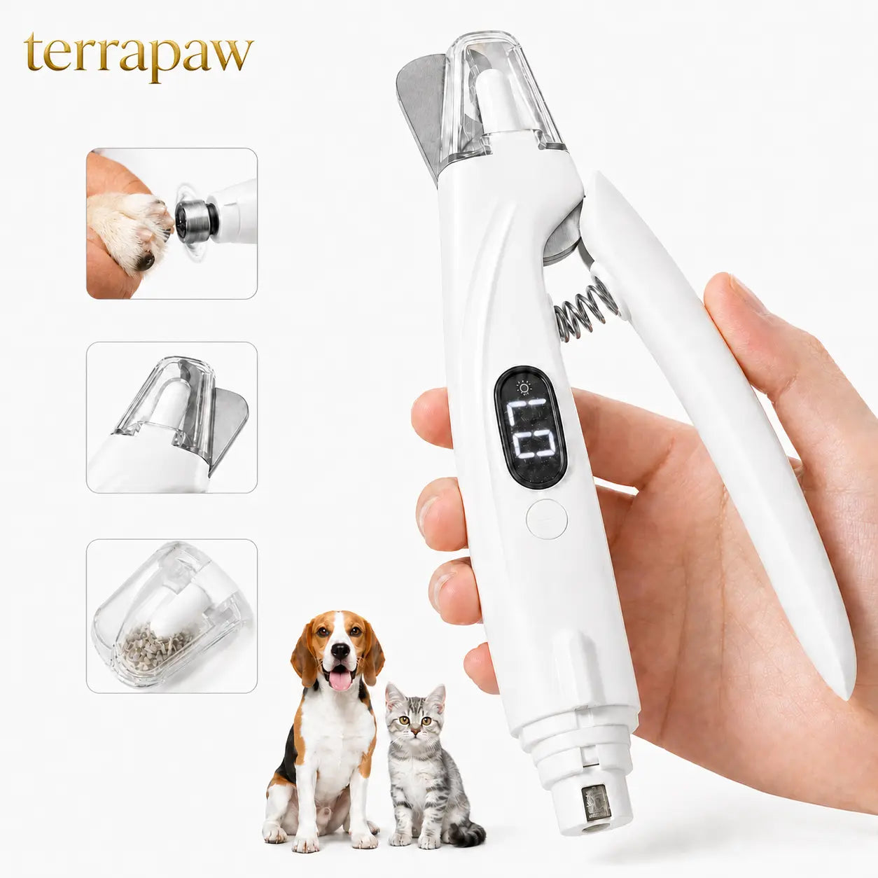 Professional Pet Nail Clipper with Catcher and Grinder, LED Rechargeable 2-in-1 Nail Trimmer for Dogs and Cats of All Sizes