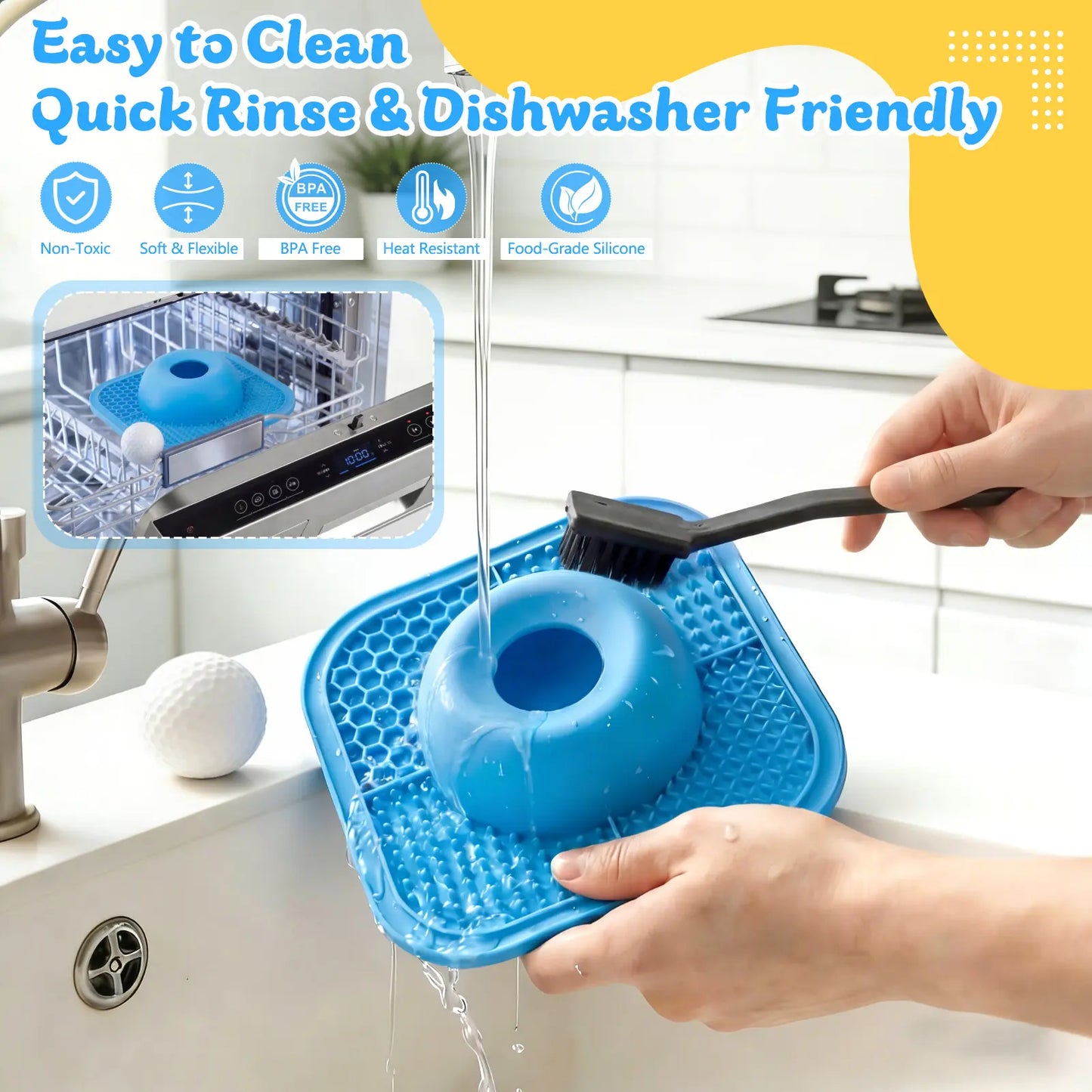 FYY Interactive Slow Feeder Dog Bowl and Lick Mat with Anti-Slip Design, Suitable for Liquid and Thick Treats, Includes Rolling Ball, 5/6 Cup Capacity for Large, Medium, and Small Dogs and Cats - Blue
