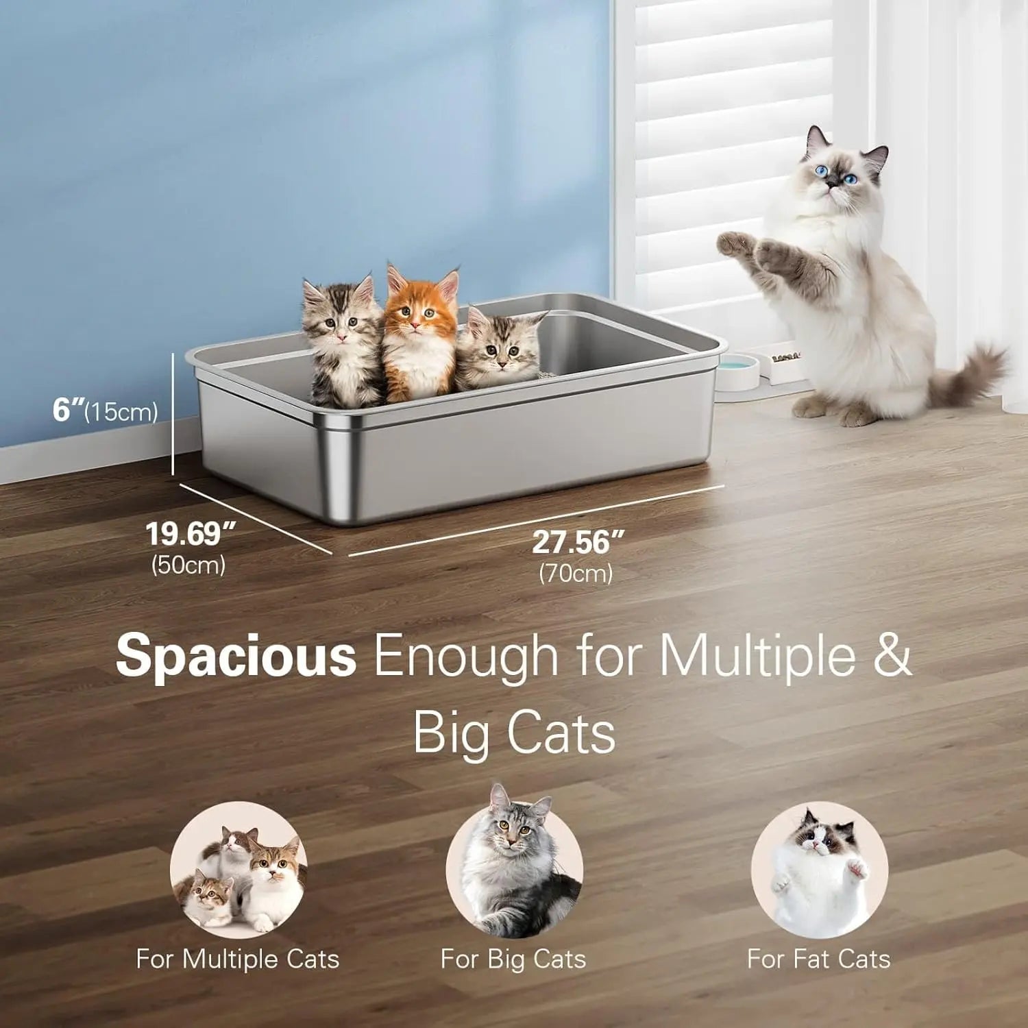 Zarler XXXL Large Stainless Steel Litter Box for Big Cats and Multi-Cat Households with Lids, Non-Stick, Odor-Free Design, Includes Filter Pedal and Durable Scoop