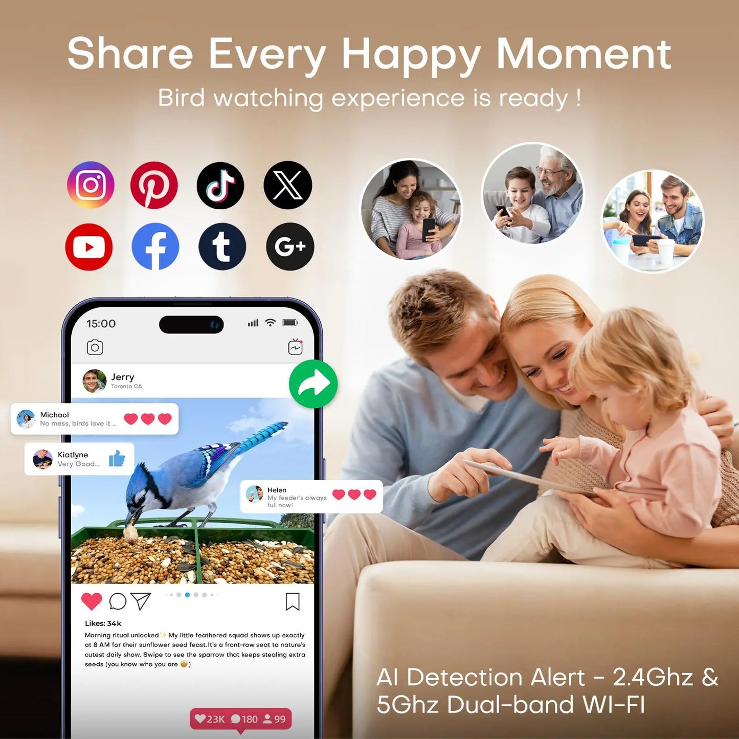 Homiq Ai Smart Window Bird Feeder with Close-Focus Camera, 2K HD Camera for Window Viewing, AI Bird Species Recognition & Instant Alerts, Strong Acrylic Bird Feeder,Great Gift for Kids & Bird Lovers