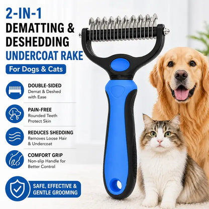 Pet Dematting Undercoat Rake for Long Haired Dogs Cats, Double Sided Deshedding Brush, Pain Free Tangle Remover to Reduce Shedding & Mats, Pet Grooming Tool N2