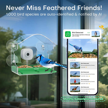 Homiq Ai Smart Window Bird Feeder with Close-Focus Camera, 2K HD Camera for Window Viewing, AI Bird Species Recognition & Instant Alerts, Strong Acrylic Bird Feeder,Great Gift for Kids & Bird Lovers