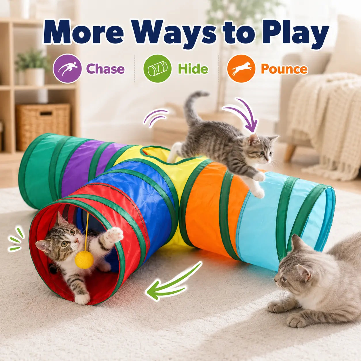 Collapsible Rainbow Cat Tunnel Toy - Interactive Crinkle Play Tube with Peek Hole for Kittens and Cats, Ideal for Indoor Exercise and Boredom Relief