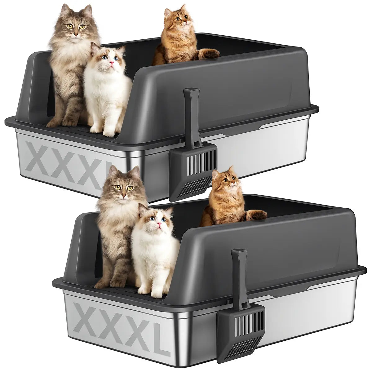 Zarler XXXL Large Stainless Steel Litter Box for Big Cats and Multi-Cat Households with Lids, Non-Stick, Odor-Free Design, Includes Filter Pedal and Durable Scoop