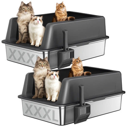 Zarler XXXL Large Stainless Steel Litter Box for Big Cats and Multi-Cat Households with Lids, Non-Stick, Odor-Free Design, Includes Filter Pedal and Durable Scoop