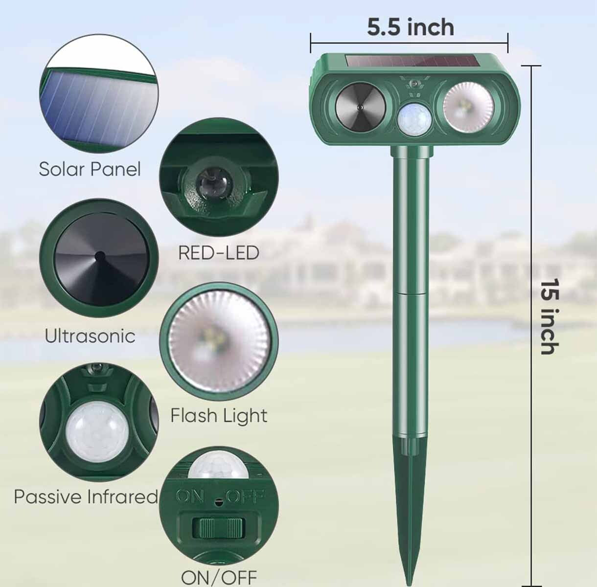Solar-Powered Ultrasonic Animal Repeller for Dogs and Cats, Waterproof Design
