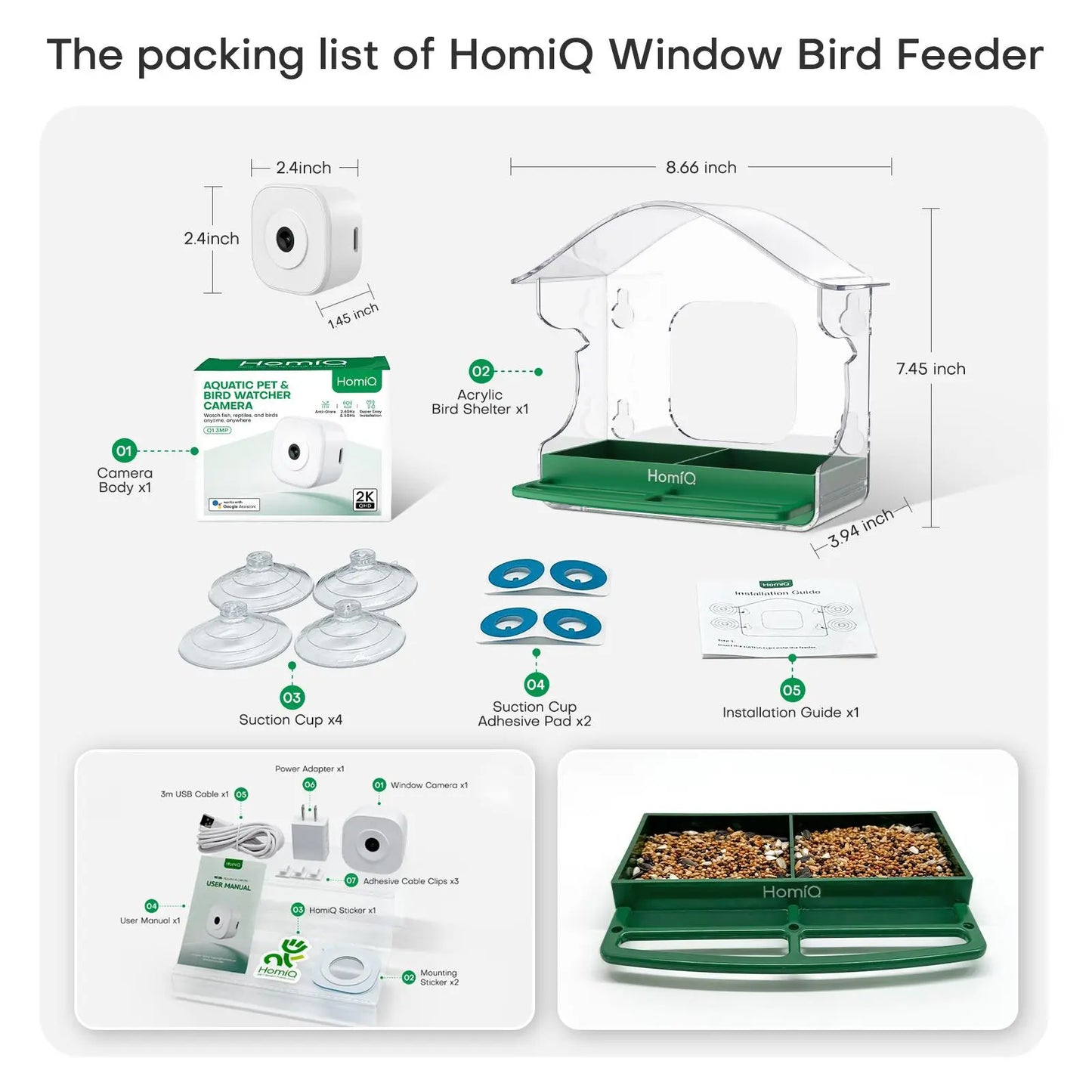 Homiq Ai Smart Window Bird Feeder with Close-Focus Camera, 2K HD Camera for Window Viewing, AI Bird Species Recognition & Instant Alerts, Strong Acrylic Bird Feeder,Great Gift for Kids & Bird Lovers