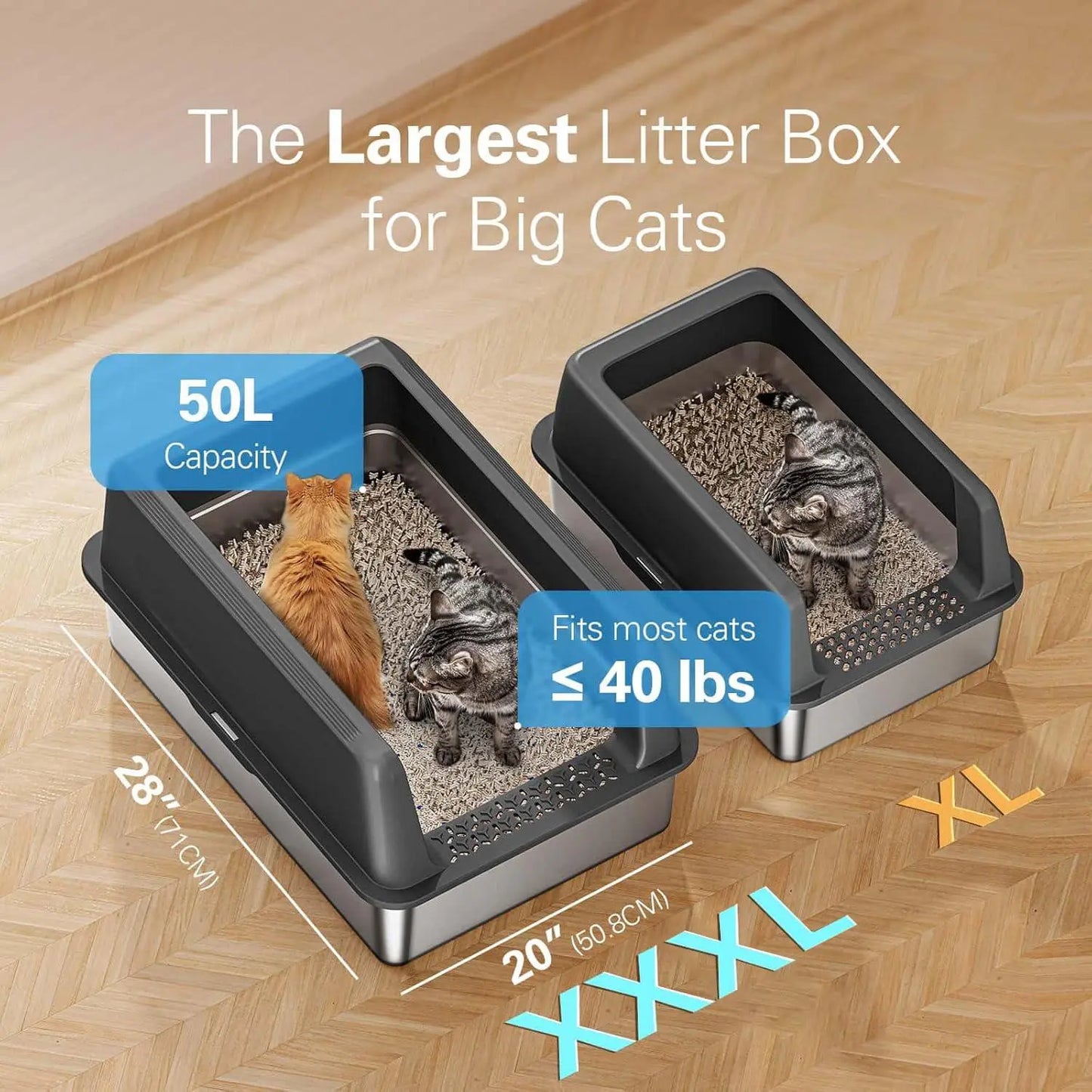 Zarler XXXL Large Stainless Steel Litter Box for Big Cats and Multi-Cat Households with Lids, Non-Stick, Odor-Free Design, Includes Filter Pedal and Durable Scoop