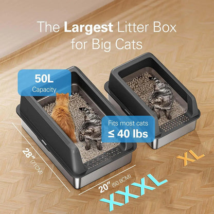 Zarler XXXL Large Stainless Steel Litter Box for Big Cats and Multi-Cat Households with Lids, Non-Stick, Odor-Free Design, Includes Filter Pedal and Durable Scoop