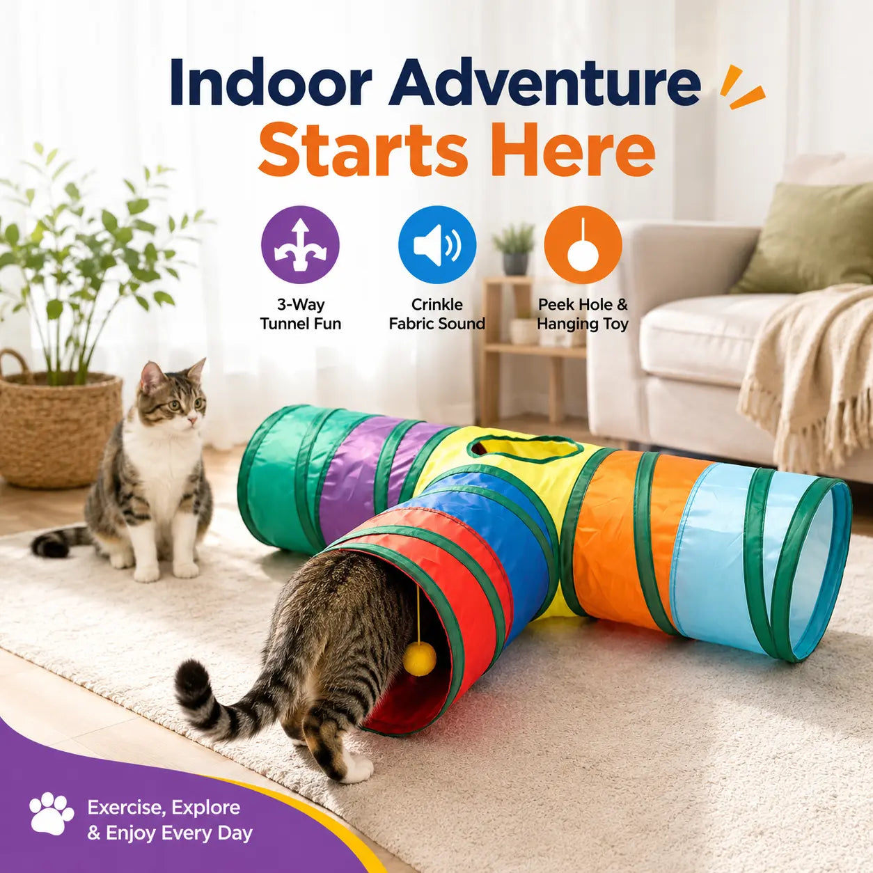 Collapsible Rainbow Cat Tunnel Toy - Interactive Crinkle Play Tube with Peek Hole for Kittens and Cats, Ideal for Indoor Exercise and Boredom Relief