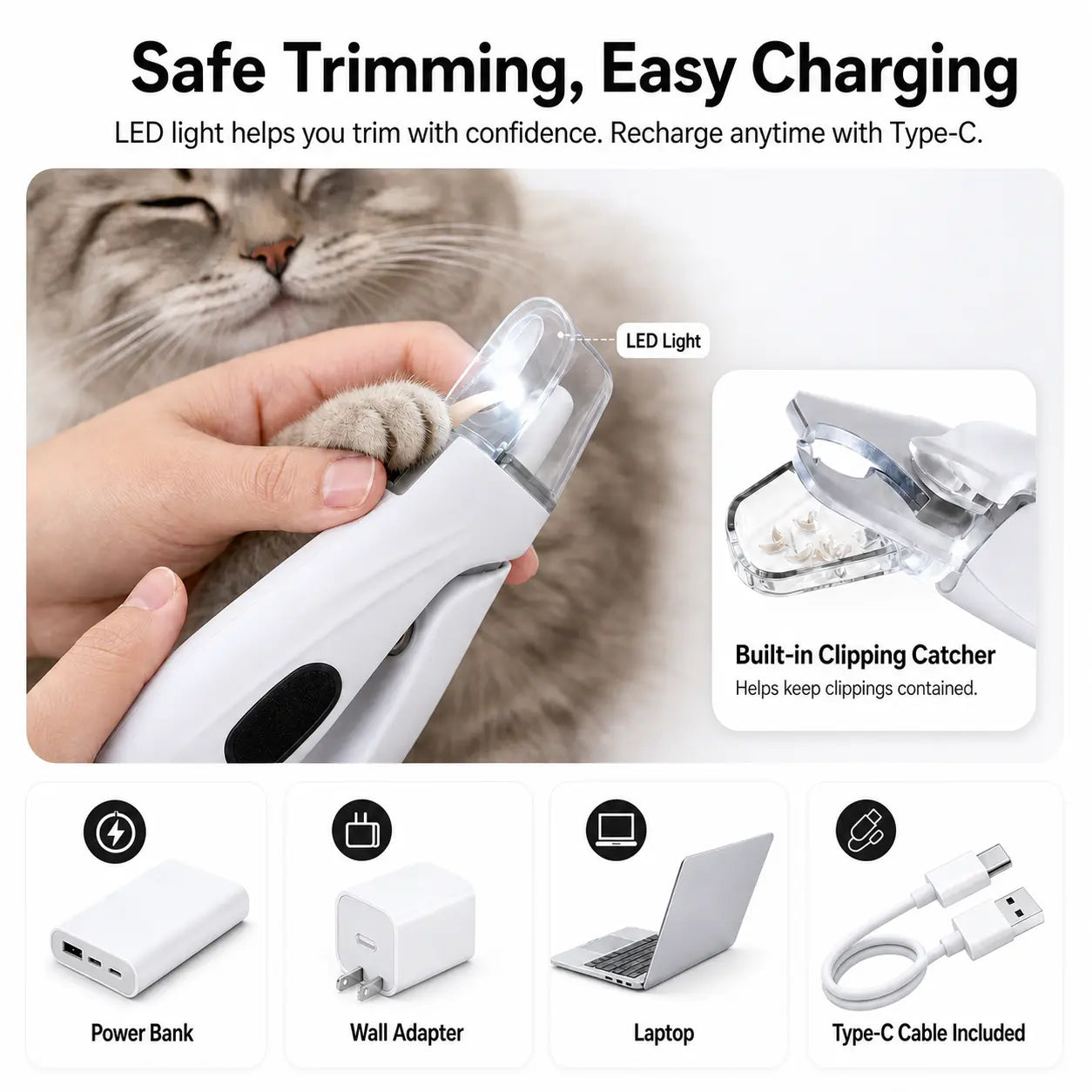 Professional Pet Nail Clipper with Catcher and Grinder, LED Rechargeable 2-in-1 Nail Trimmer for Dogs and Cats of All Sizes