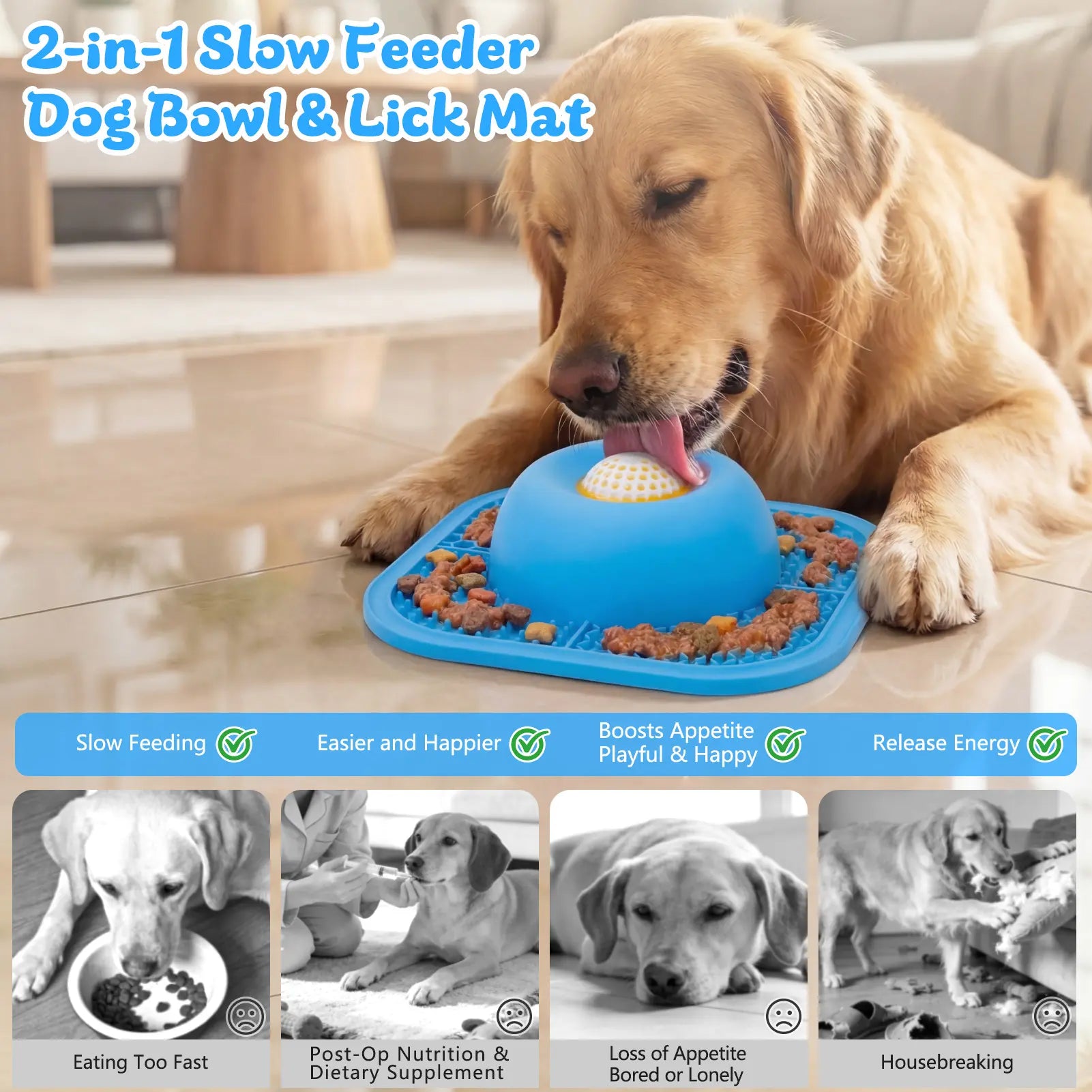 FYY Interactive Slow Feeder Dog Bowl and Lick Mat with Anti-Slip Design, Suitable for Liquid and Thick Treats, Includes Rolling Ball, 5/6 Cup Capacity for Large, Medium, and Small Dogs and Cats - Blue