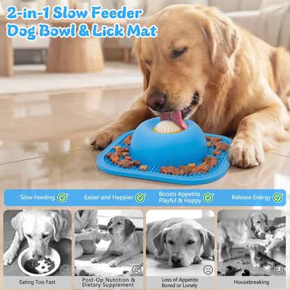 FYY Interactive Slow Feeder Dog Bowl and Lick Mat with Anti-Slip Design, Suitable for Liquid and Thick Treats, Includes Rolling Ball, 5/6 Cup Capacity for Large, Medium, and Small Dogs and Cats - Blue