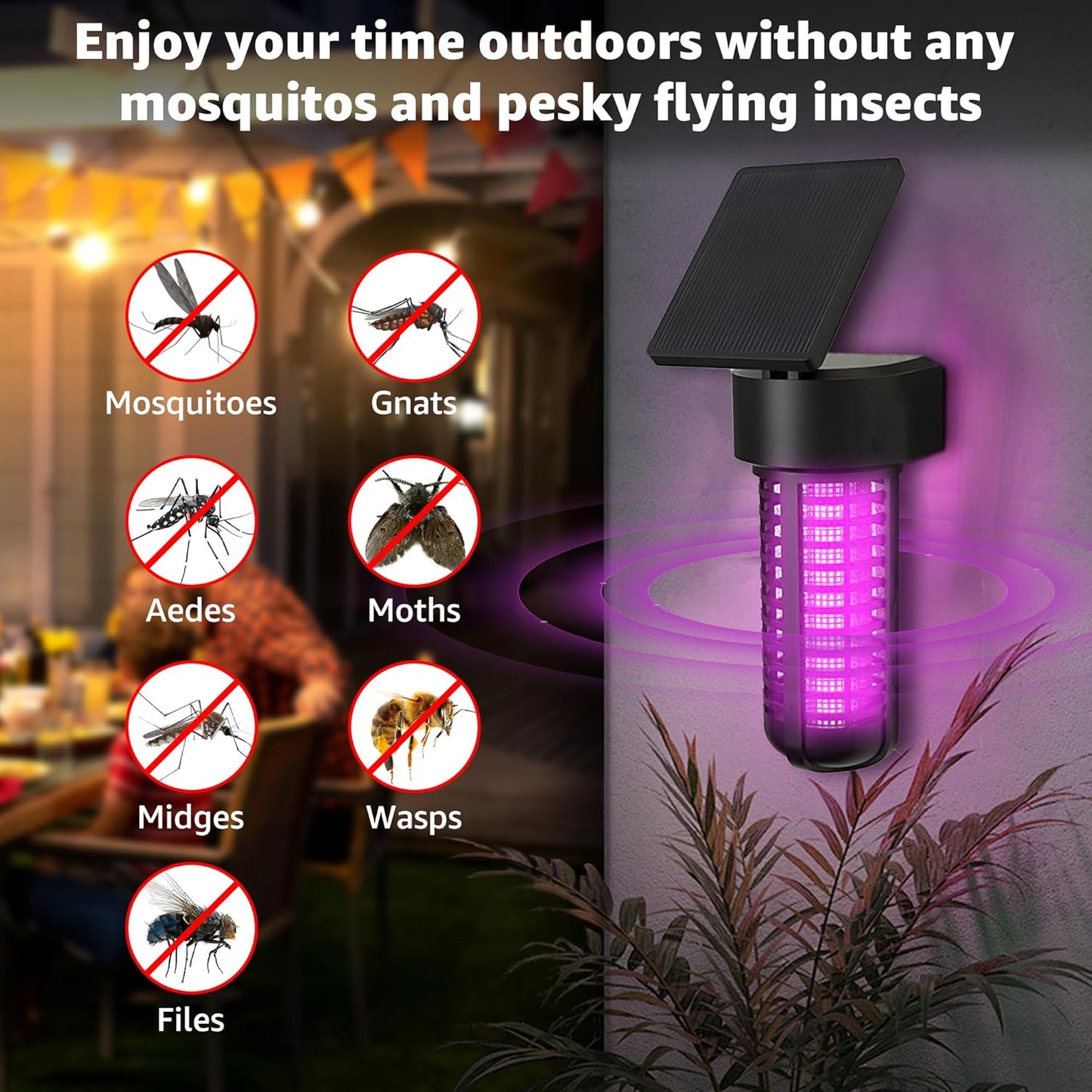 Outdoor Solar-Powered Waterproof Bug Zapper with UV LED Light, Adjustable Solar Panel, and USB Charging