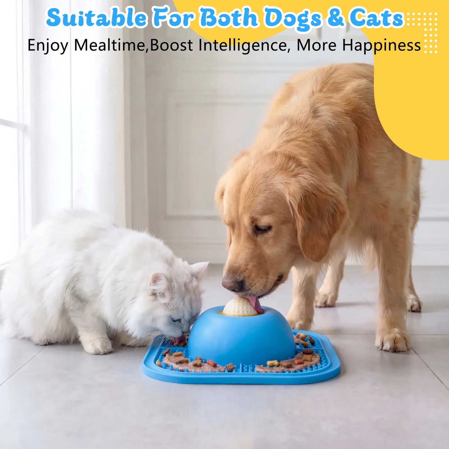 FYY Interactive Slow Feeder Dog Bowl and Lick Mat with Anti-Slip Design, Suitable for Liquid and Thick Treats, Includes Rolling Ball, 5/6 Cup Capacity for Large, Medium, and Small Dogs and Cats - Blue