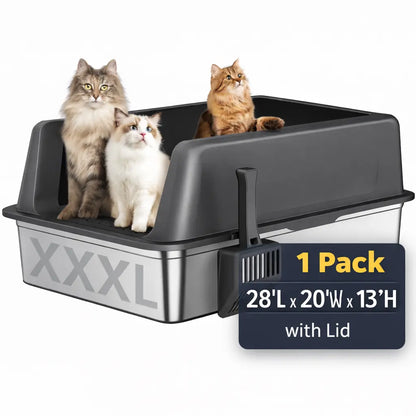 Zarler XXXL Large Stainless Steel Litter Box for Big Cats and Multi-Cat Households with Lids, Non-Stick, Odor-Free Design, Includes Filter Pedal and Durable Scoop