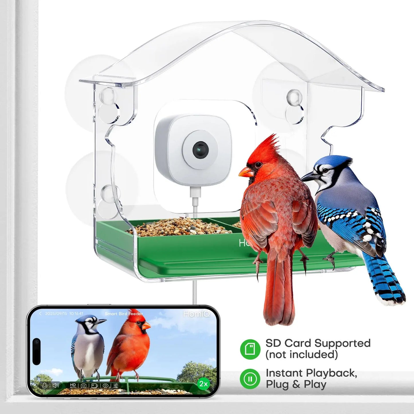 Homiq Ai Smart Window Bird Feeder with Close-Focus Camera, 2K HD Camera for Window Viewing, AI Bird Species Recognition & Instant Alerts, Strong Acrylic Bird Feeder,Great Gift for Kids & Bird Lovers