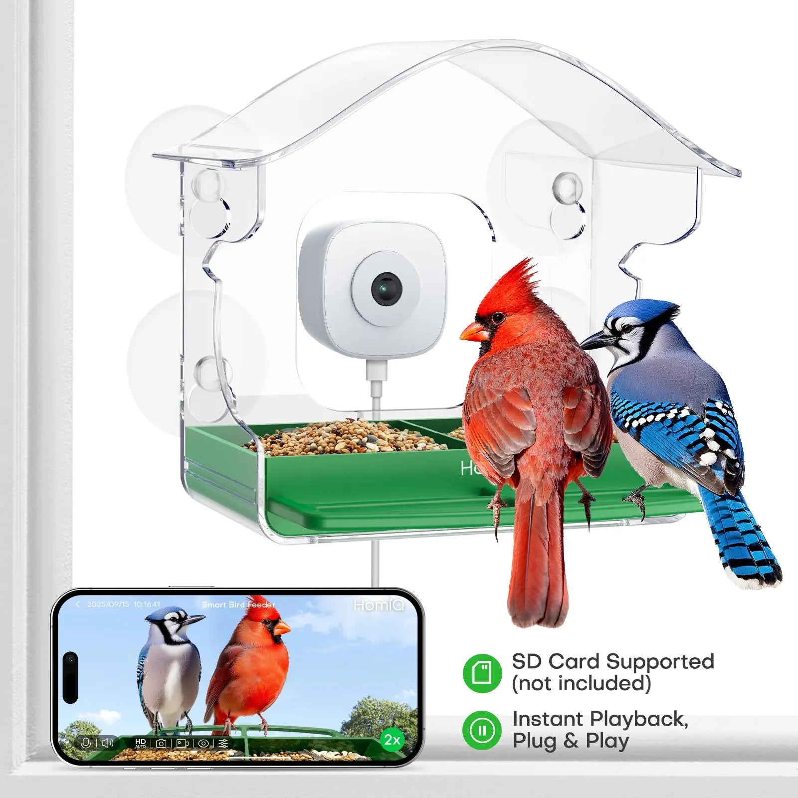 Homiq Ai Smart Window Bird Feeder with Close-Focus Camera, 2K HD Camera for Window Viewing, AI Bird Species Recognition & Instant Alerts, Strong Acrylic Bird Feeder,Great Gift for Kids & Bird Lovers