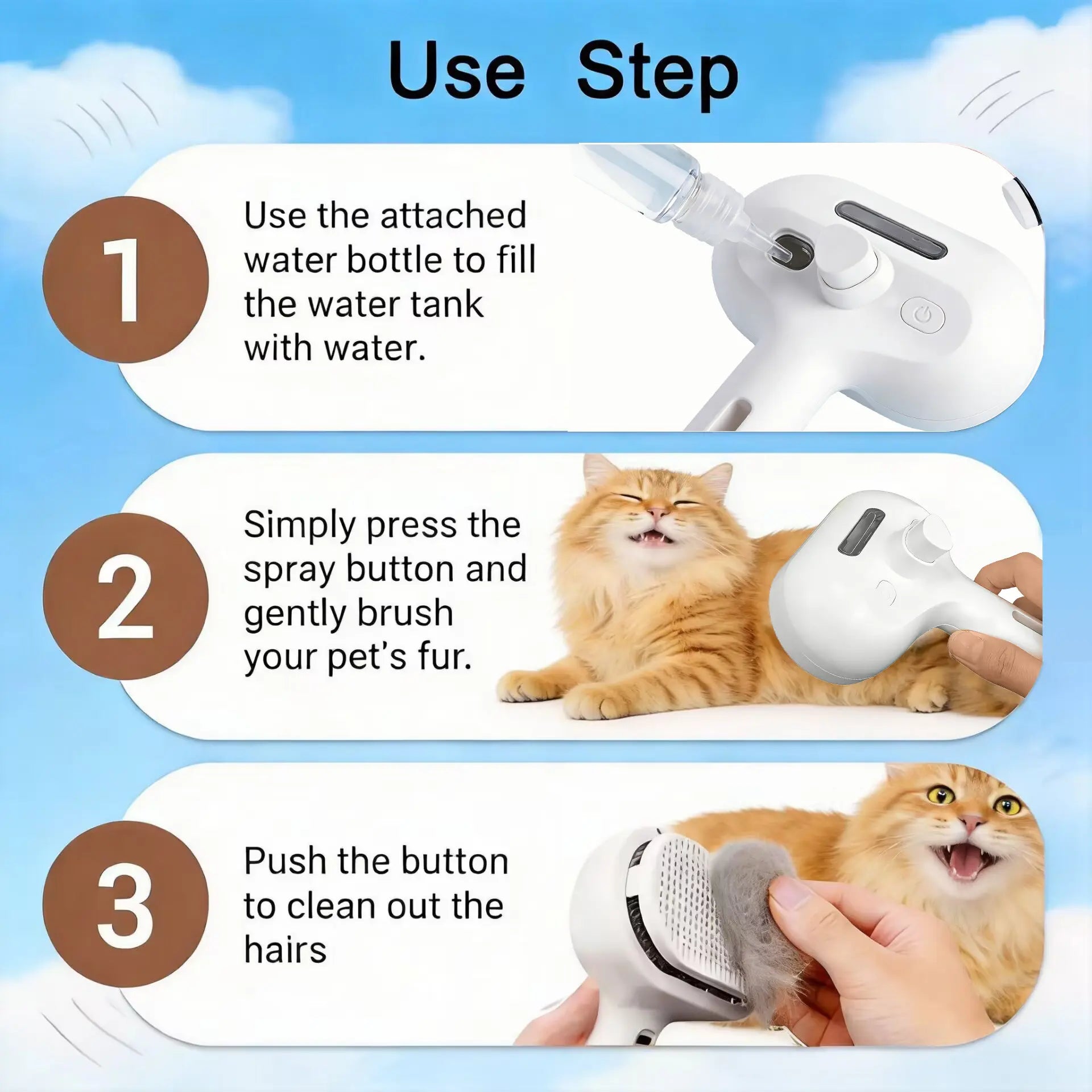 Enhanced Steam Pet Grooming Brush, 3-in-1 Self-Cleaning Spray Tool for Cats and Dogs, Safe Deshedding and Grooming Solution for Long and Short-Haired Pets