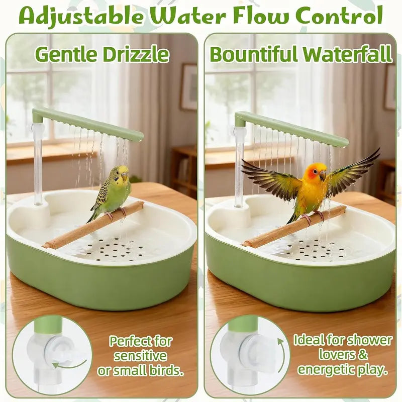 Automatic Bird Bath Tub with Water Shower & Wooden Perch for Cockatiels & Budgies