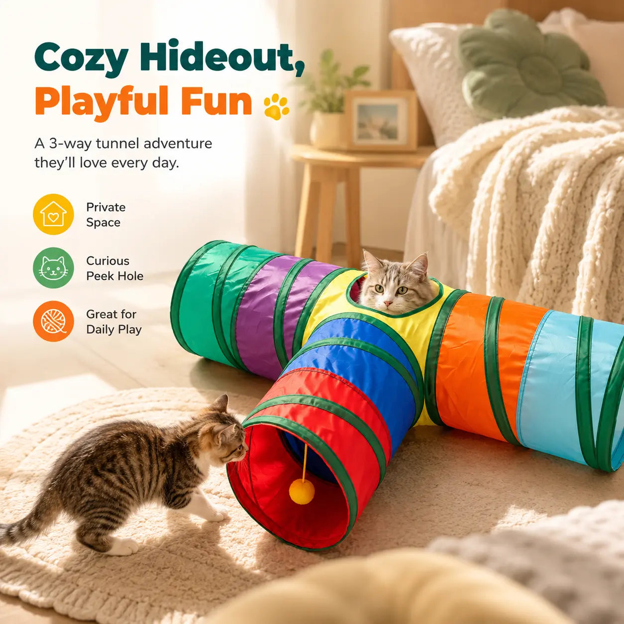 Collapsible Rainbow Cat Tunnel Toy - Interactive Crinkle Play Tube with Peek Hole for Kittens and Cats, Ideal for Indoor Exercise and Boredom Relief