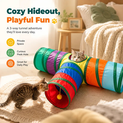 Collapsible Rainbow Cat Tunnel Toy - Interactive Crinkle Play Tube with Peek Hole for Kittens and Cats, Ideal for Indoor Exercise and Boredom Relief