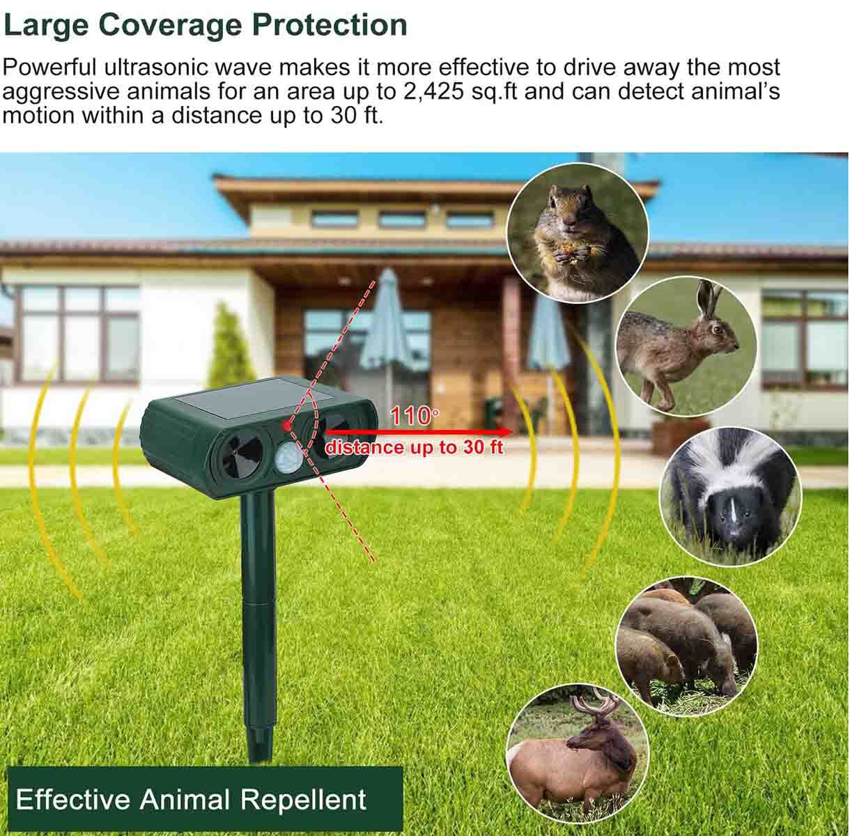 Solar-Powered Ultrasonic Animal Repeller for Dogs and Cats, Waterproof Design