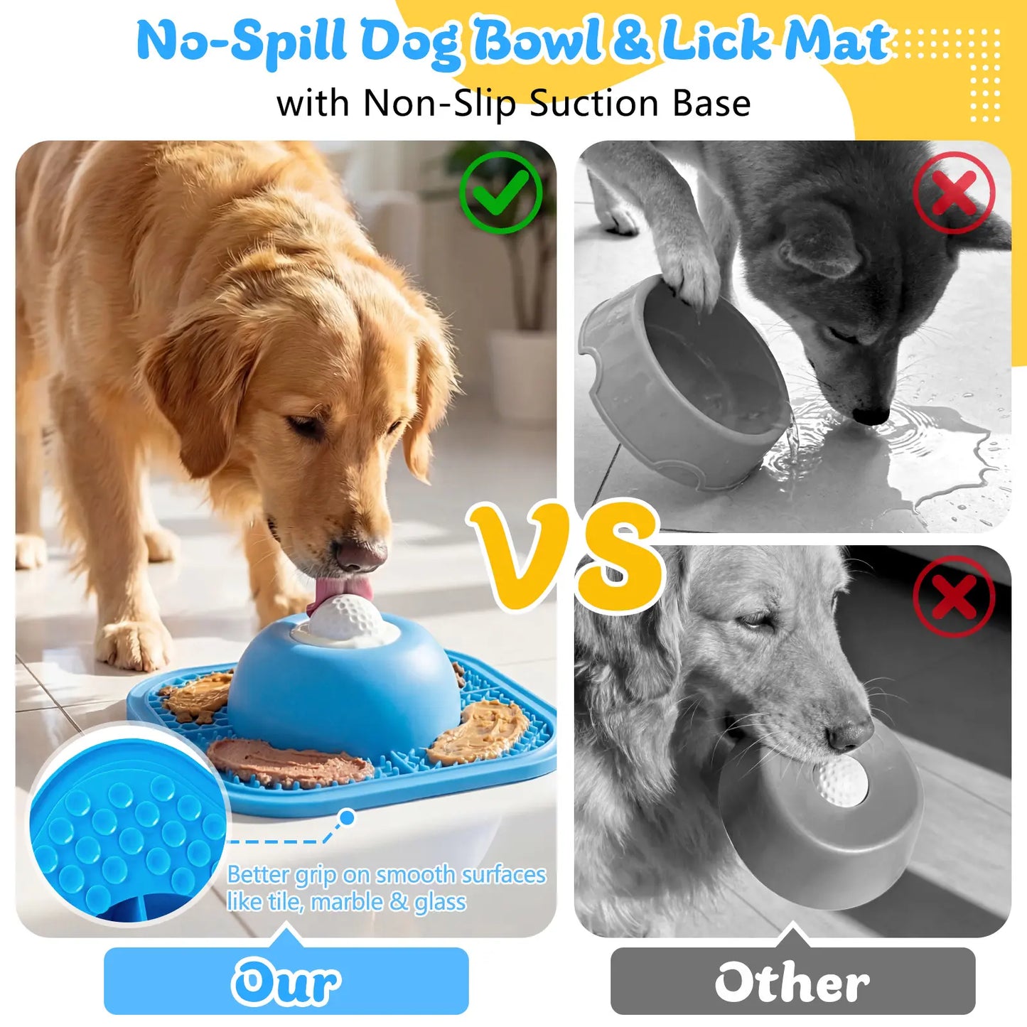FYY Interactive Slow Feeder Dog Bowl and Lick Mat with Anti-Slip Design, Suitable for Liquid and Thick Treats, Includes Rolling Ball, 5/6 Cup Capacity for Large, Medium, and Small Dogs and Cats - Blue