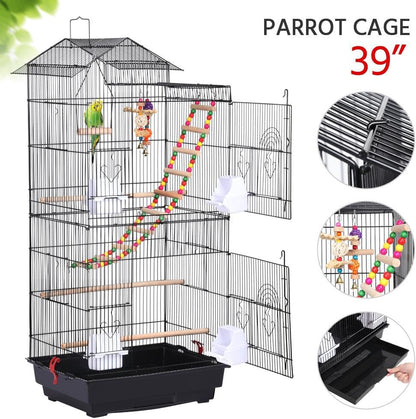 39-Inch Large Flight Bird Cage for Small Parrots and Pet Birds with Toys