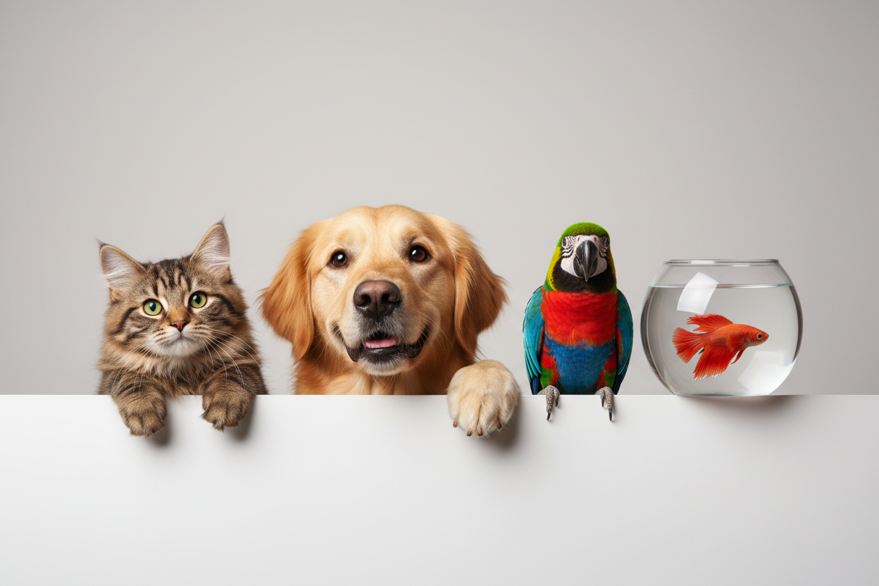 Get-For-Pet Hero Banner with parrot and fish